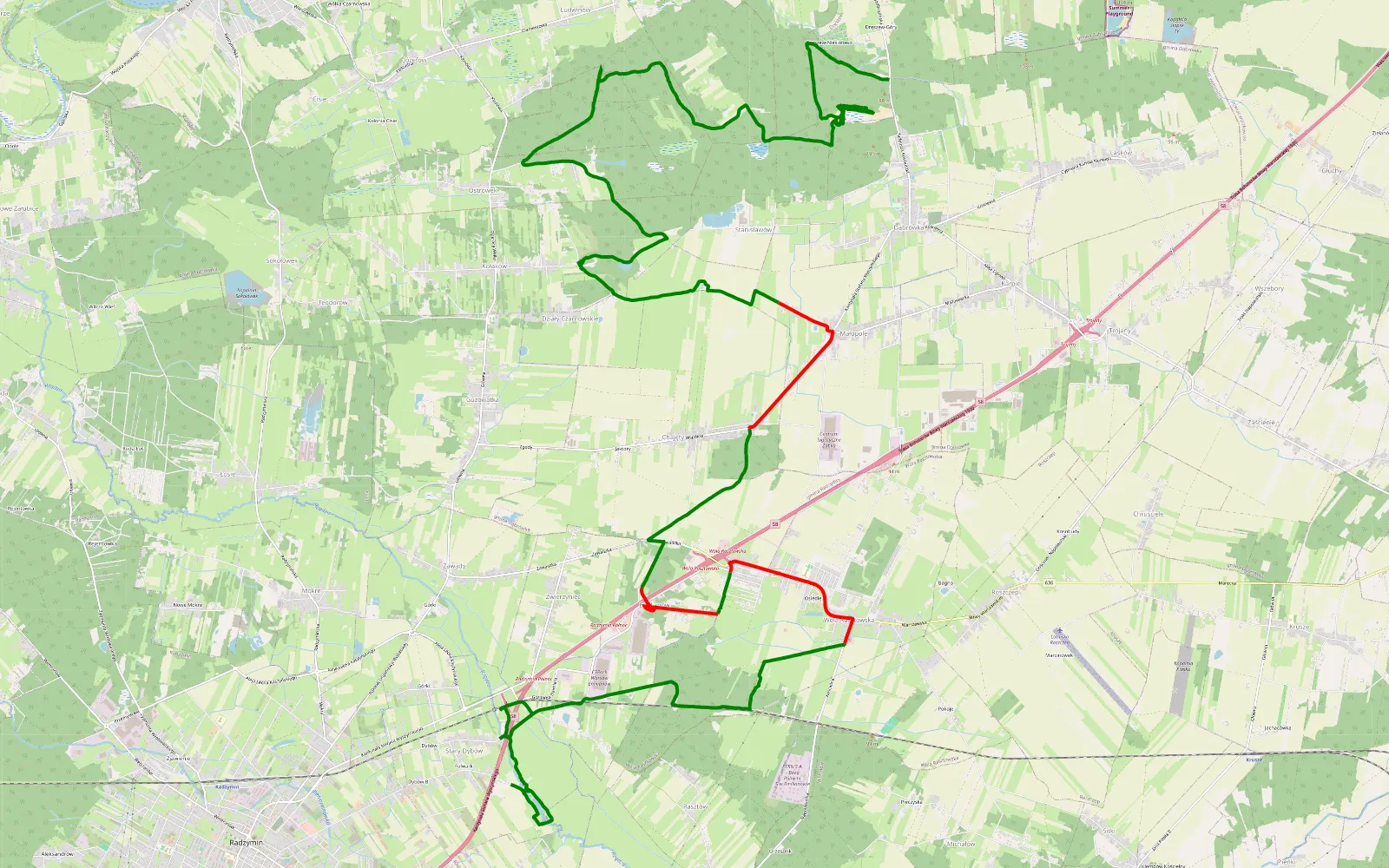Mapa trasy Dybów - Dąbrówka - 29.9 km trasy offroad, Powiat Wołomiński