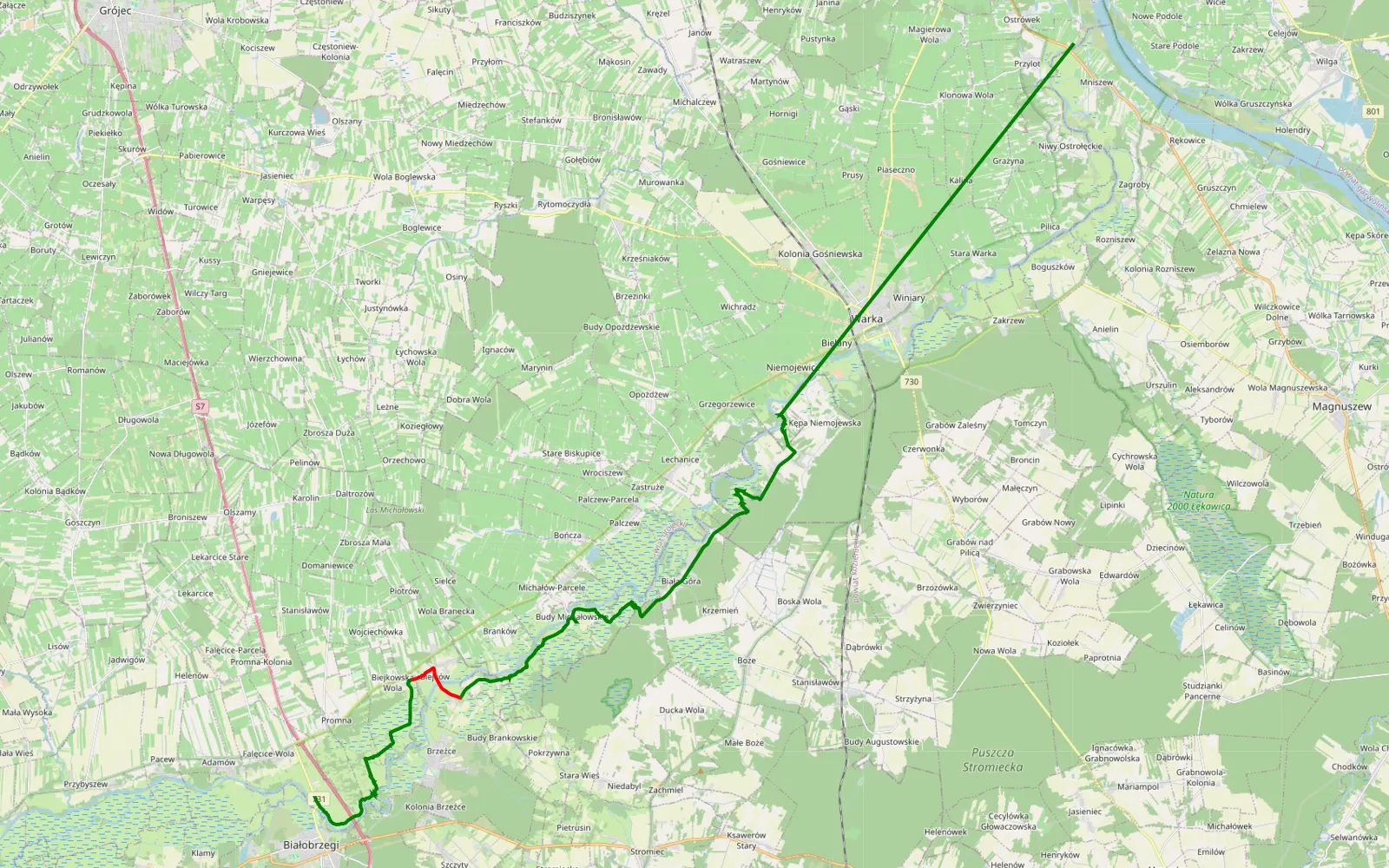 Mapa trasy Marek Piotrek Nad Pilicą - 19 km trasy offroad, Powiat Białobrzeski