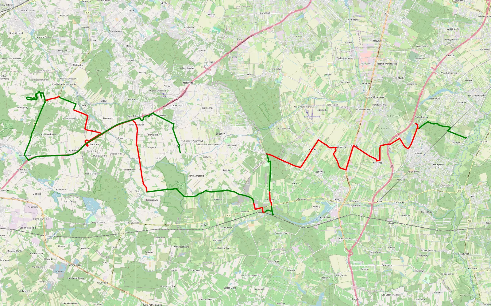 Mapa trasy Runów - Kaleń - 52.1 km trasy offroad, Powiat Piaseczyński