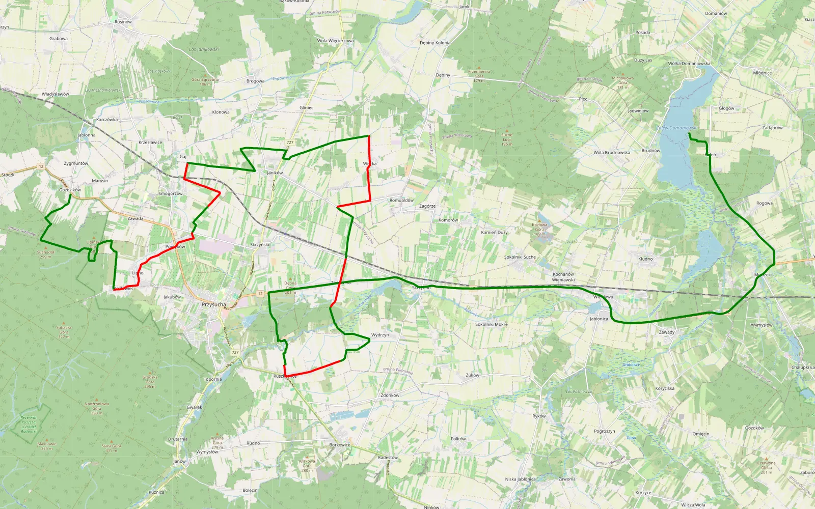 Mapa trasy 2020.08.16 - Lasy i rzeczka - 34.5 km trasy offroad, Powiat Przysuski