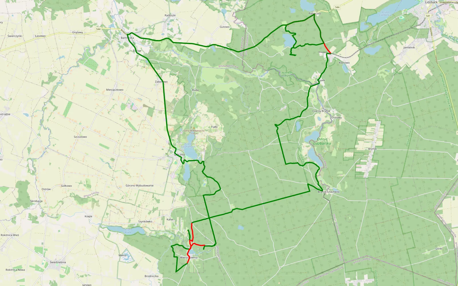 Map of Górzno - 38.9 km offroad trail, Brodnica County
