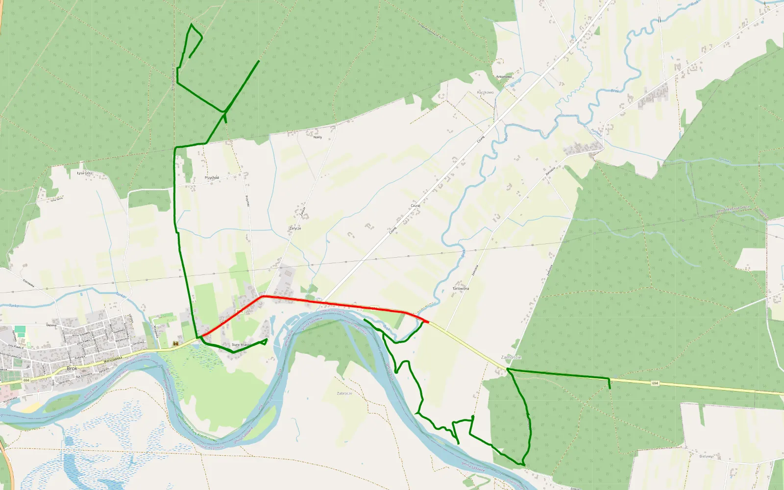 Mapa trasy Okolice Brok - 10.2 km trasy offroad, Powiat Ostrowski