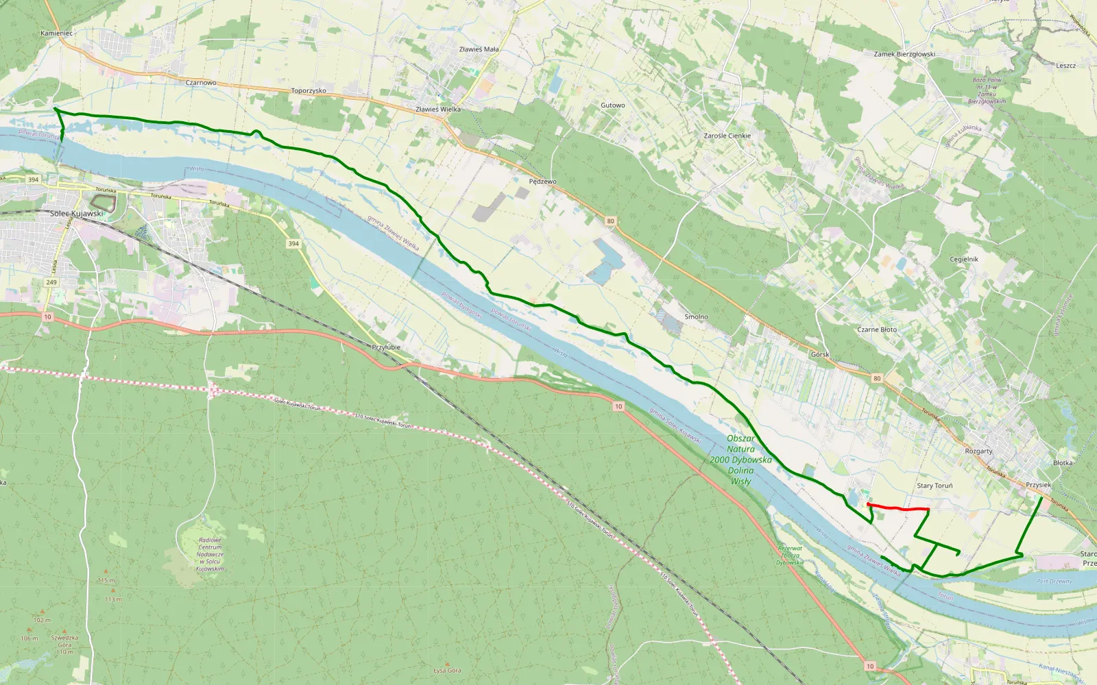 Mapa trasy Przysiek - Czarnowo Przeprawa Promowa - 28 km trasy offroad, Powiat Toruński