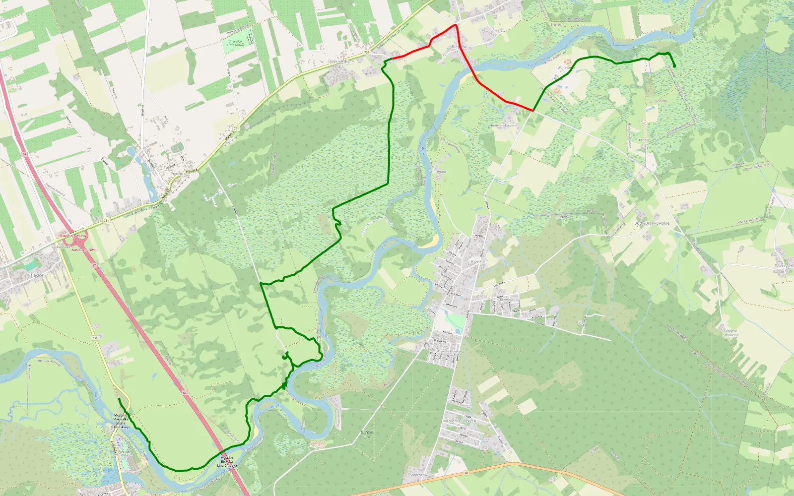 Mapa trasy Białobrzegi - Branków - 13.3 km trasy offroad, Powiat Białobrzeski