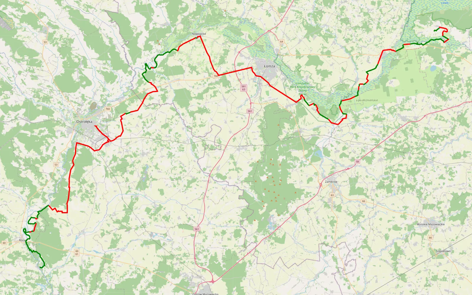 Mapa trasy Dzbądz - Brzeziny - 165.7 km trasy offroad, Powiat Łomżyński