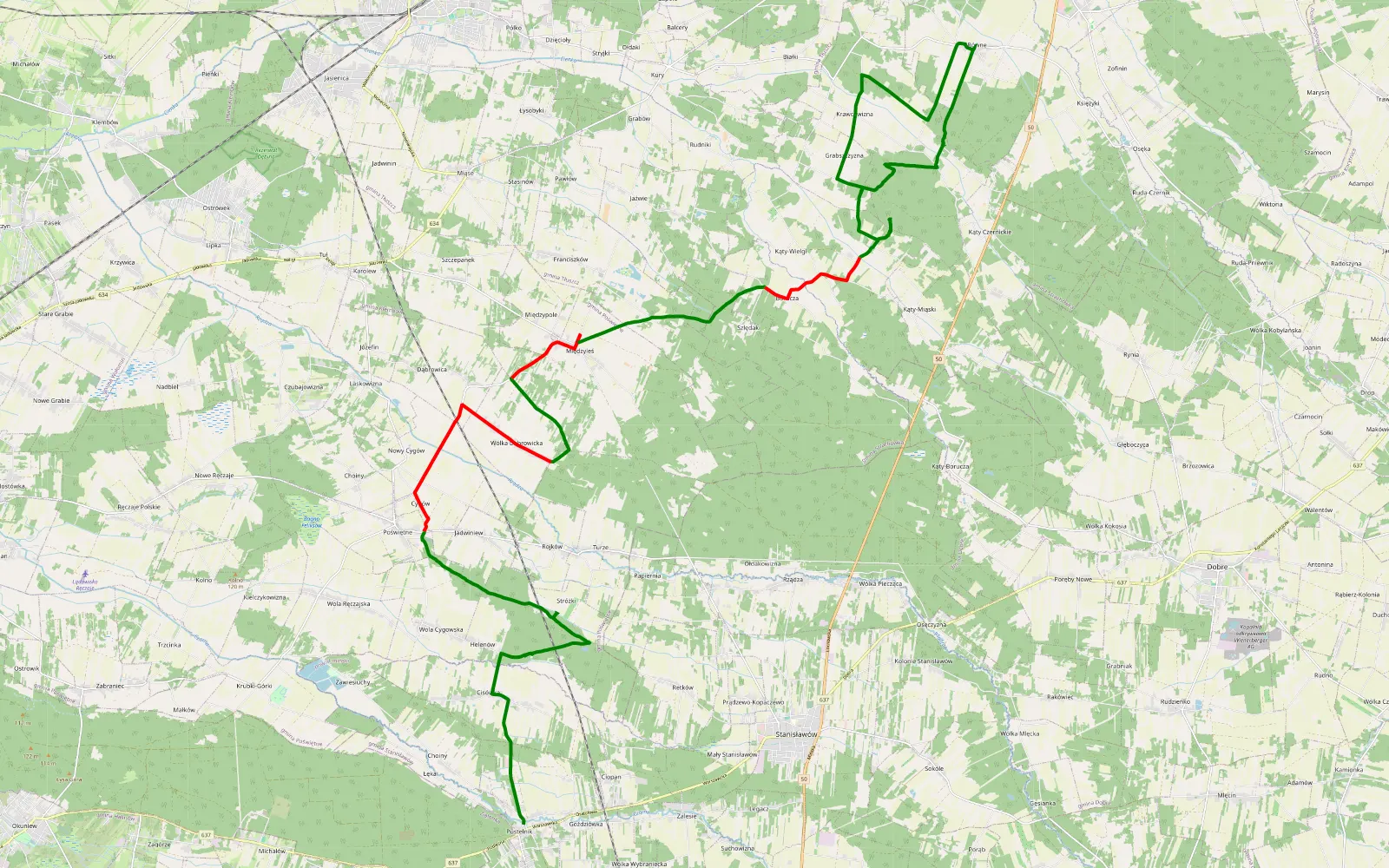 Mapa trasy Pustelnik - Grabszczyzna - 36.7 km trasy offroad, Powiat Wołomiński