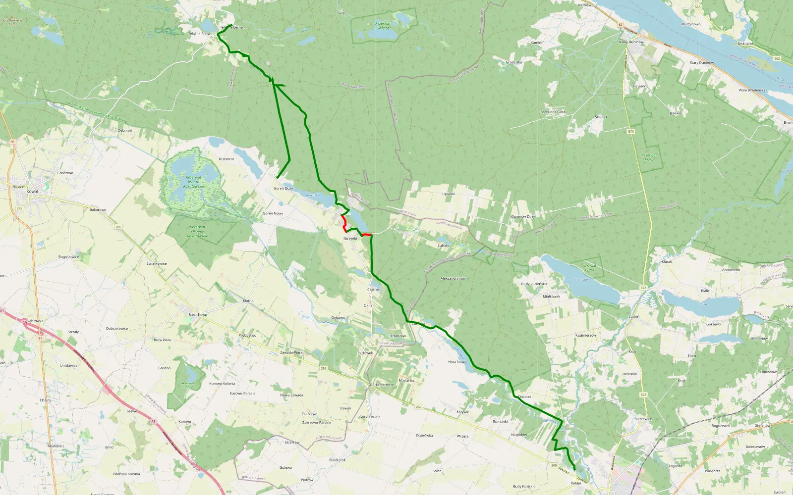 Mapa trasy Telążna Leśna - Rataje - 31 km trasy offroad, Powiat Włocławski