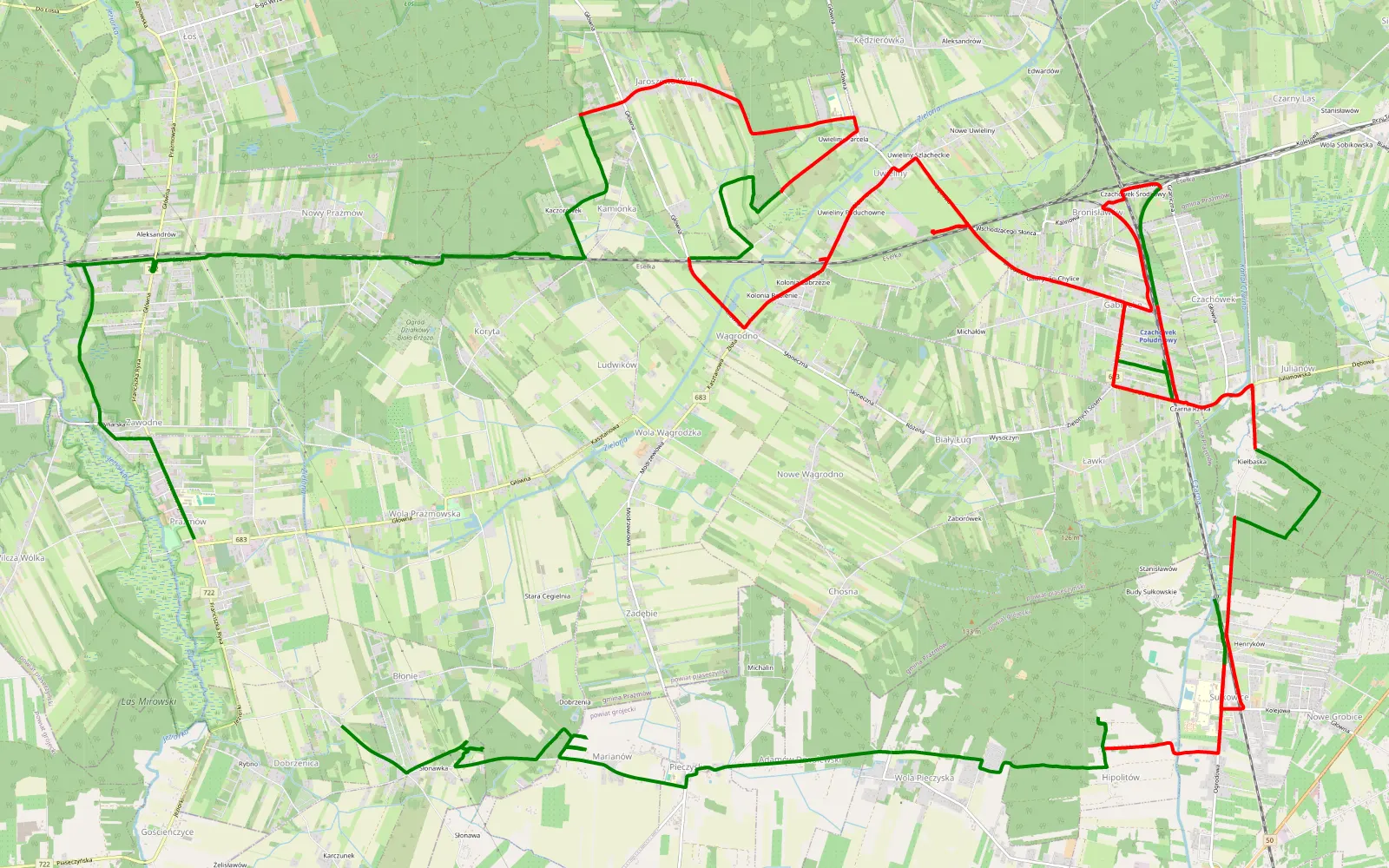 Mapa trasy Dobrzenica - Prażmów - 38.8 km trasy offroad, Powiat Piaseczyński
