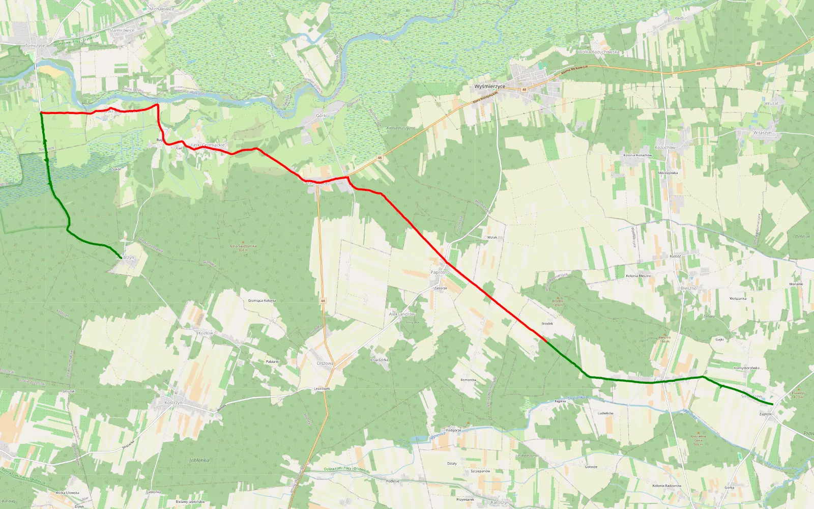Mapa trasy Smardzew - Kiedrzyn - 16.3 km trasy offroad, Powiat Białobrzeski