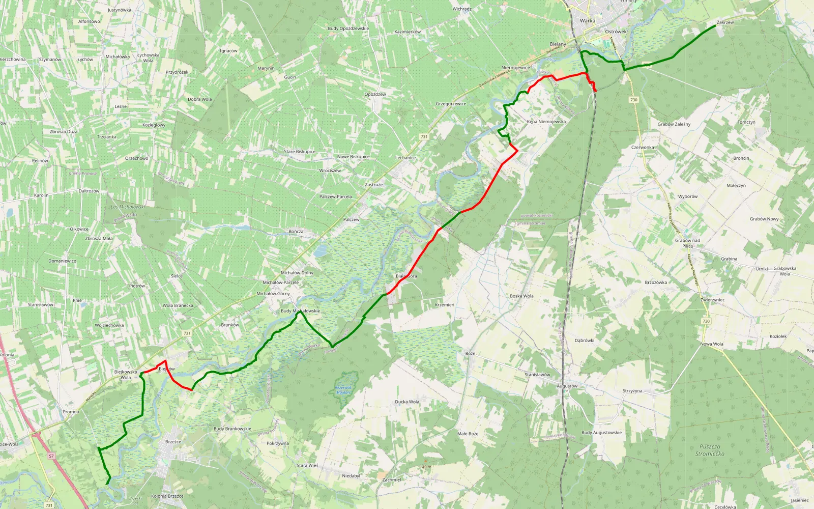 Map of Białobrzegi -Warka - 30.7 km offroad trail, Białobrzegi County