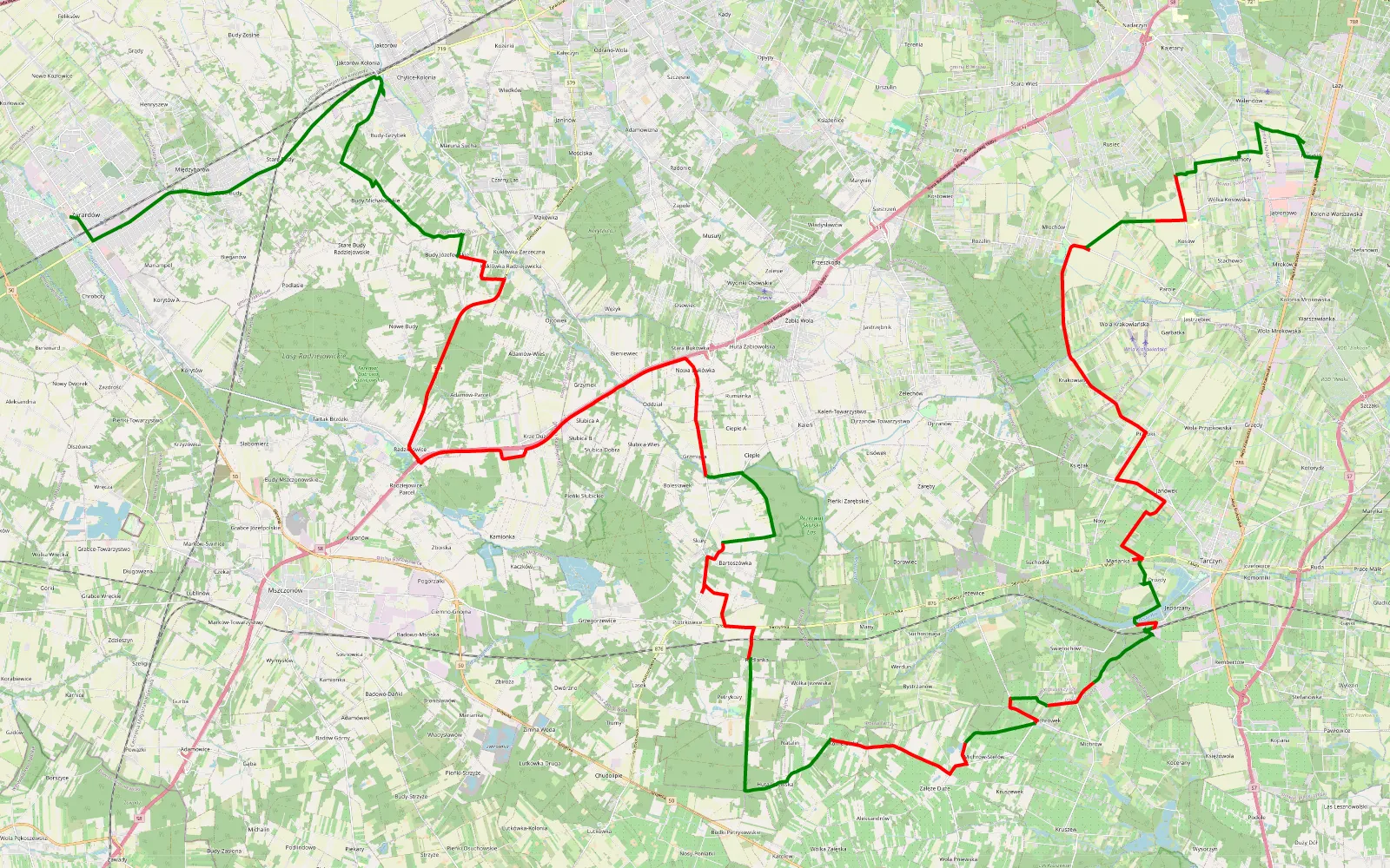 Map of Żyrardów Piaseczno - 65.8 km offroad trail, Grodzisk Mazowiecki County