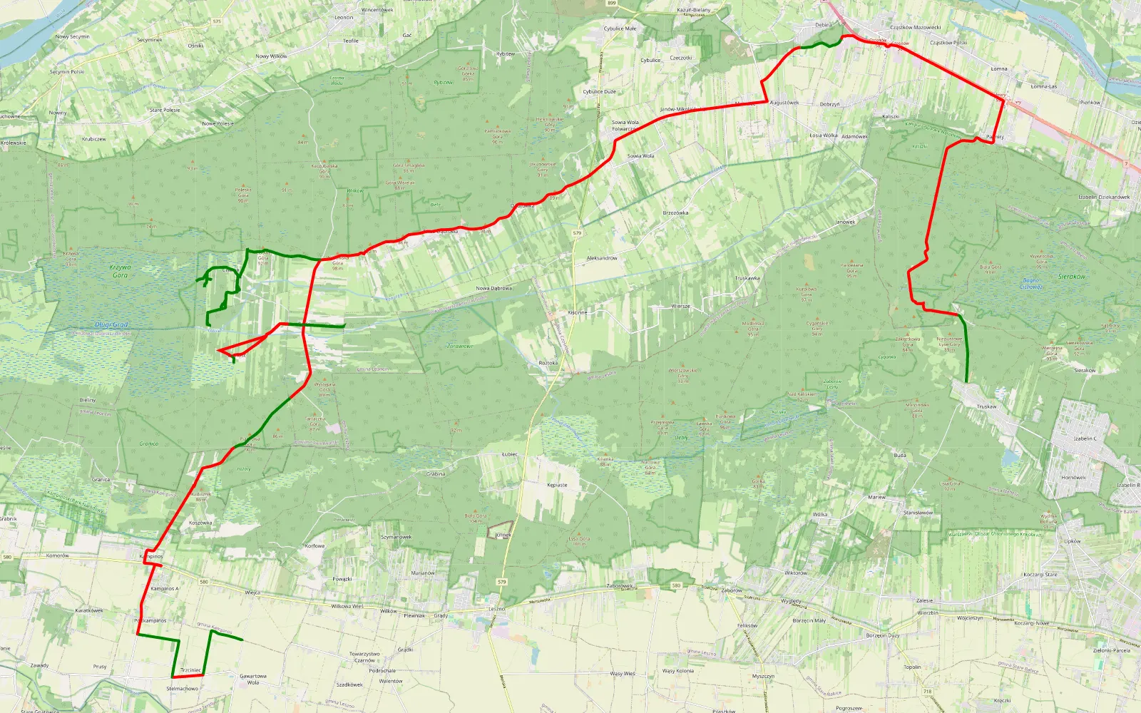 Mapa trasy Truskaw - Gawartowa Wola sw5 - 67.9 km trasy offroad, Powiat Nowodworski
