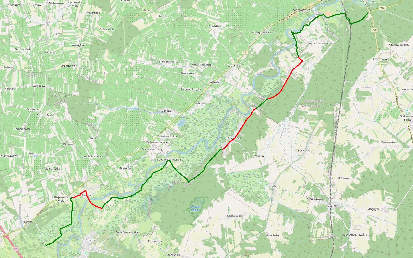 Map of Białobrzegi - Warka TE - 22.7 km offroad trail, Białobrzegi County