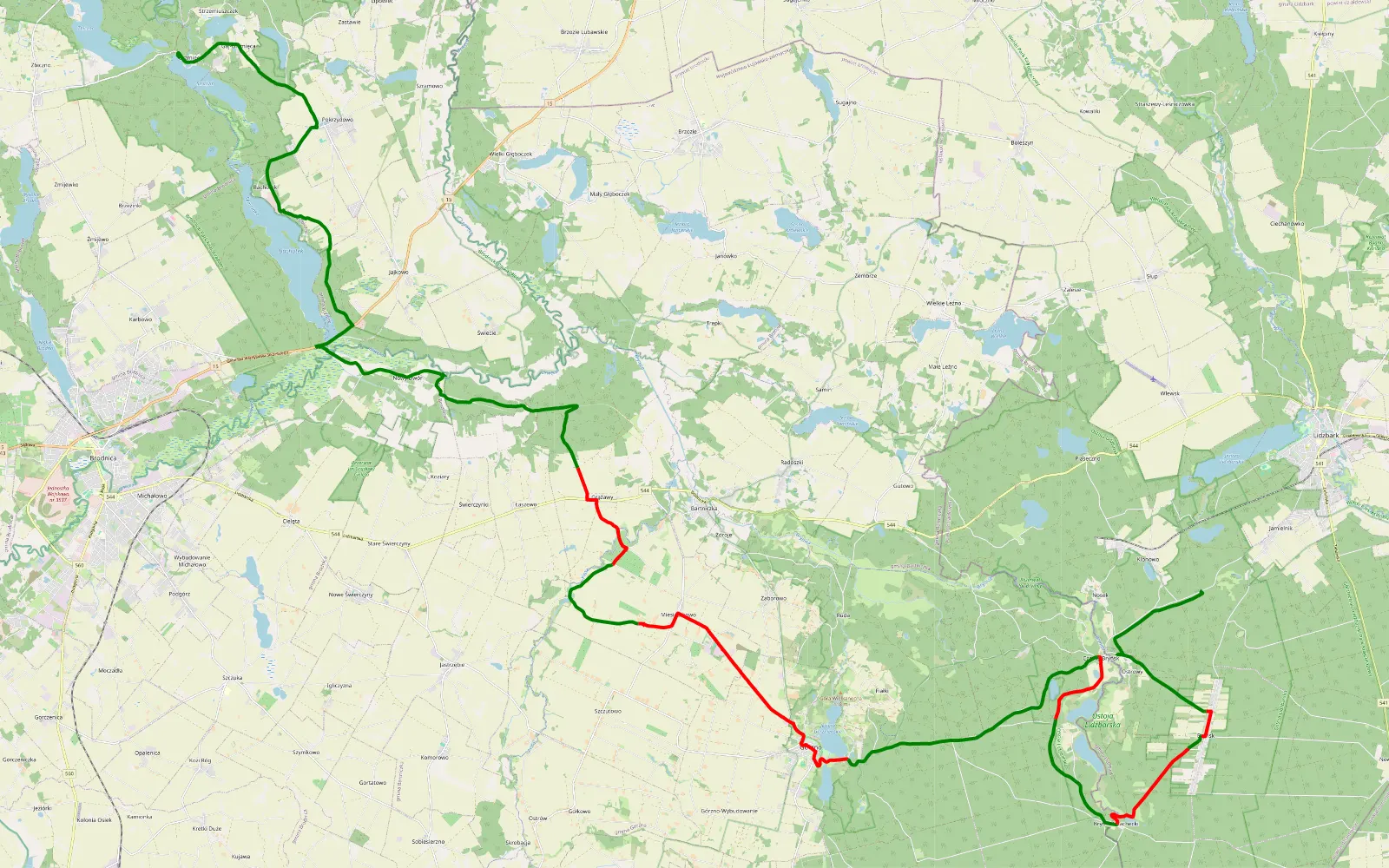 Map of Mojs - 43.7 km offroad trail, Brodnica County