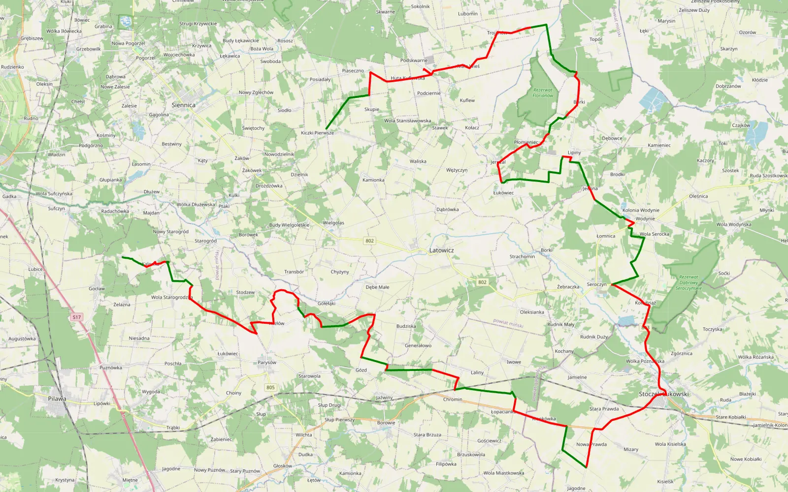 Mapa trasy Kołbiel - 94.5 km trasy offroad, Powiat Miński
