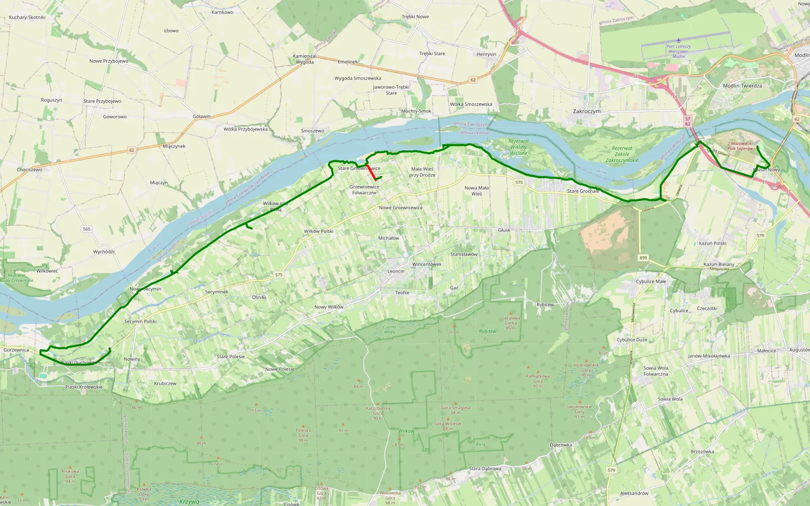 Mapa trasy Trasa Kazun-Piaski Duchowne - 14.8 km trasy offroad, Powiat Nowodworski