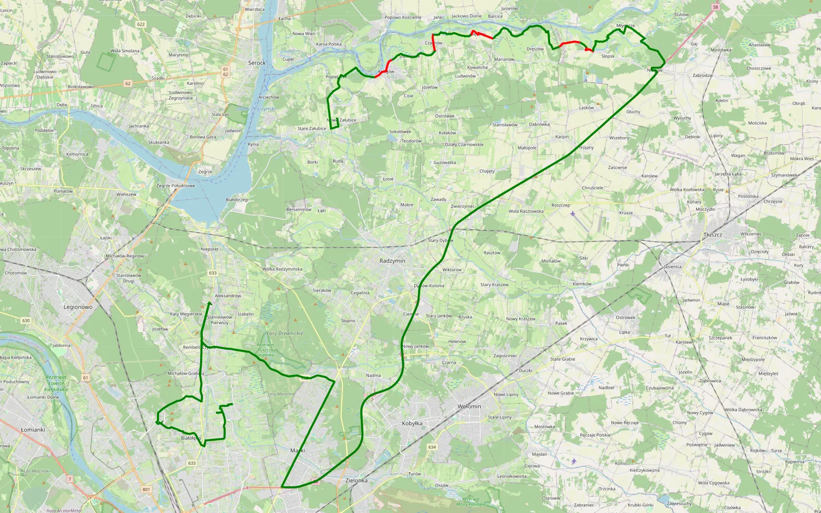 Mapa trasy Załubice Nowe - Augustówek - 23.4 km trasy offroad, Powiat Wołomiński