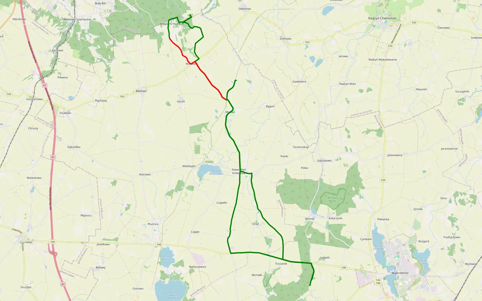 Mapa trasy Wiewiórki - 11.1 km trasy offroad, Powiat Wąbrzeski