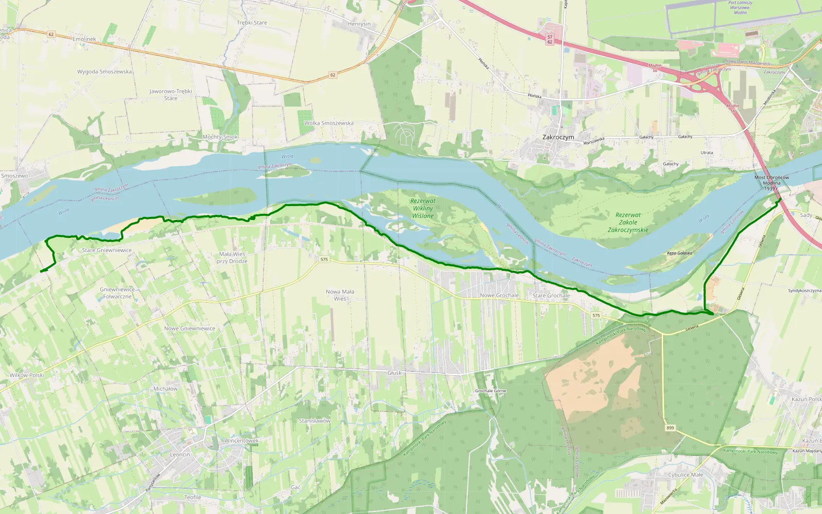 Mapa trasy Sady - Gniewniewice Stare - 13.1 km trasy offroad, Powiat Nowodworski