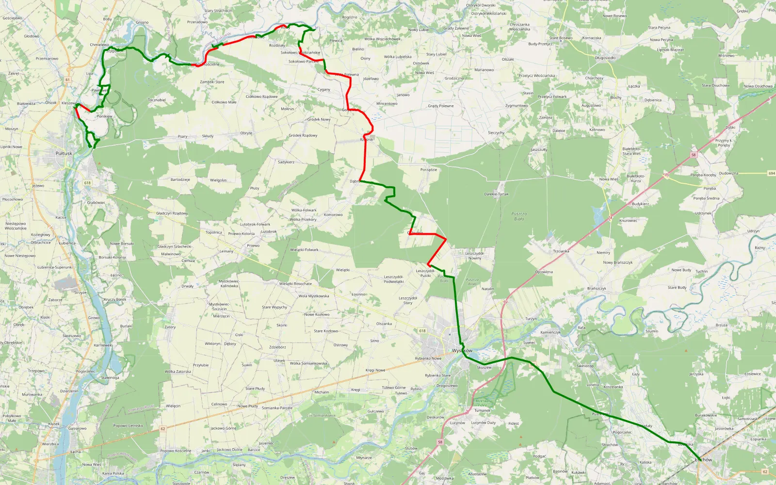 Mapa trasy Łochów - Pułtusk - 59.5 km trasy offroad, Powiat Pułtuski