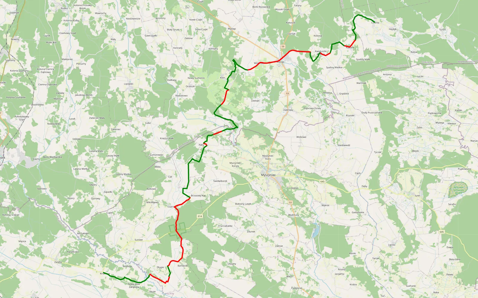 Mapa trasy Krukowo Cieśnina Ruciane - 56.9 km trasy offroad, Powiat Szczycieński