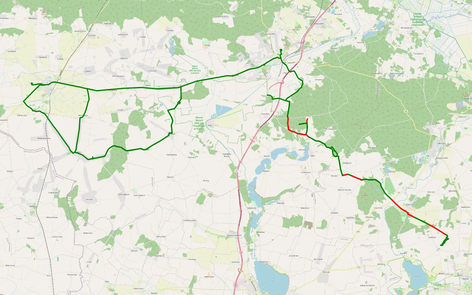 Mapa trasy Nowy Świat - Dziewierzewo - 44.2 km trasy offroad, Powiat Żniński