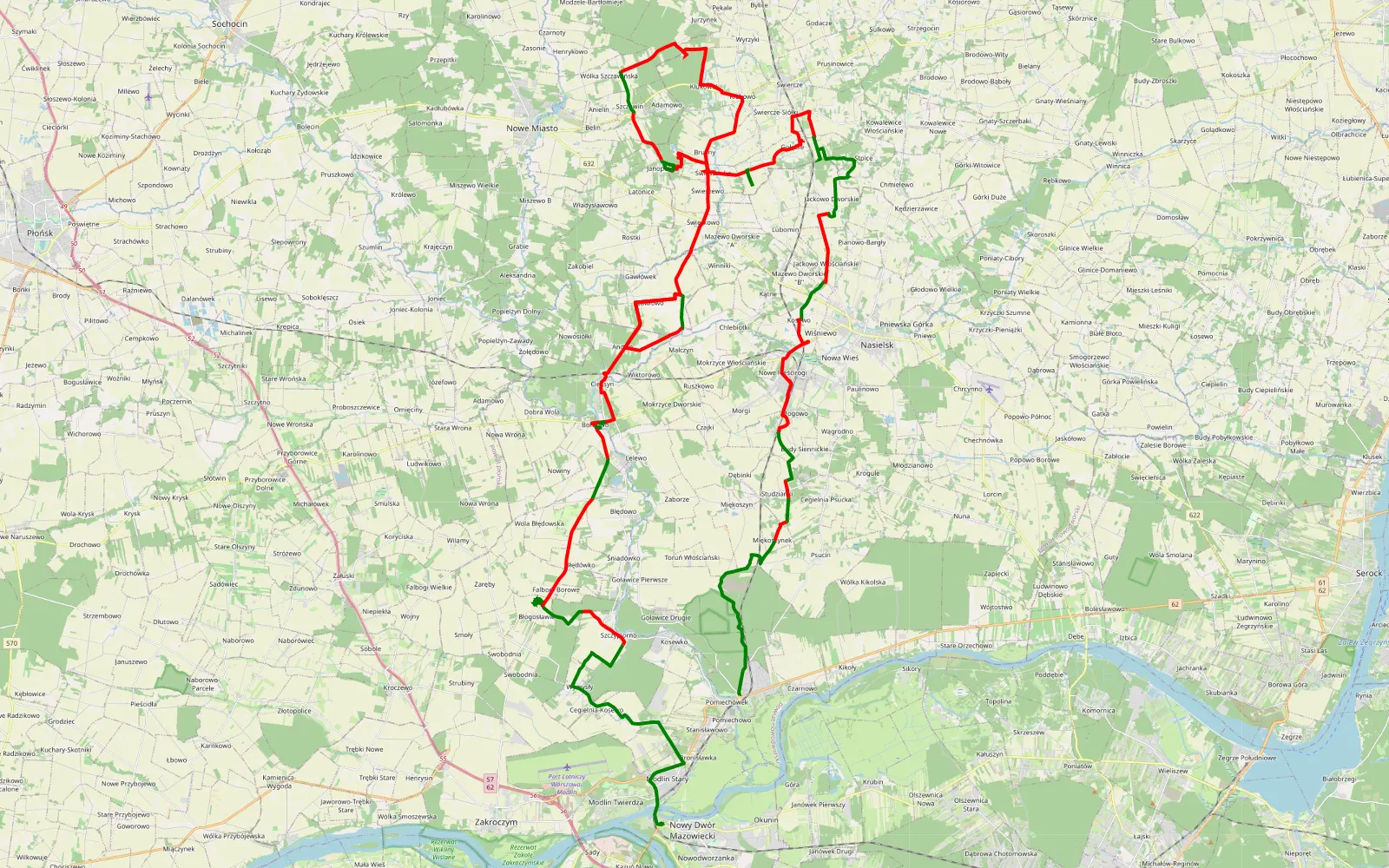 Mapa trasy Nowy Dwór Mazowiecki - Brody-Parcele - 86.3 km trasy offroad, Powiat Nowodworski