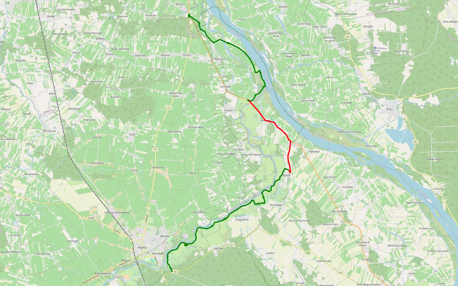 Map of Potycz - Warka - 25.1 km offroad trail, Kozienice County