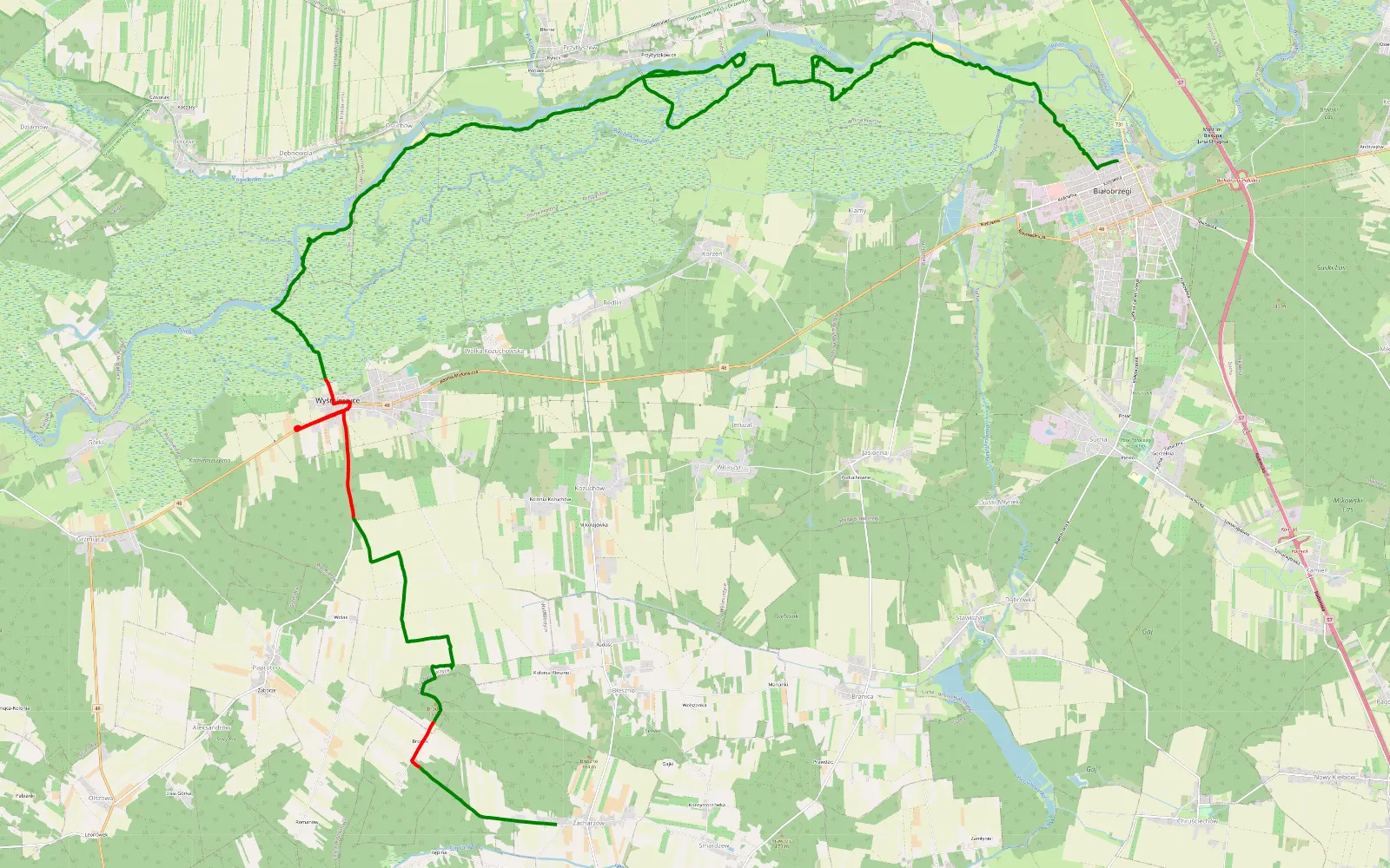 Mapa trasy Zacharzów - Białobrzegi - 29.2 km trasy offroad, Powiat Białobrzeski
