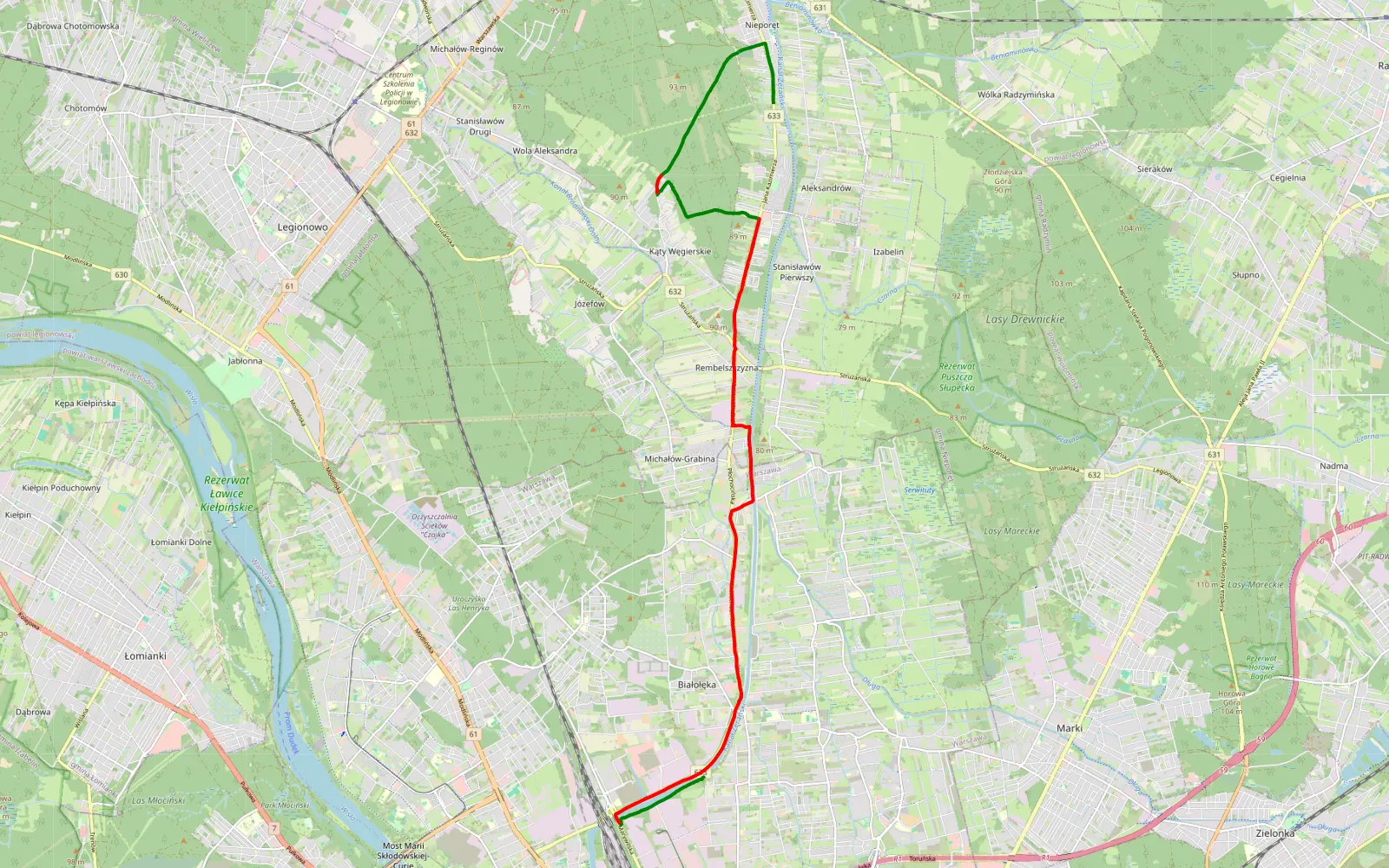 Mapa trasy Kąty Grodziskie - Małołeka - 17.3 km trasy offroad, Powiat Legionowski