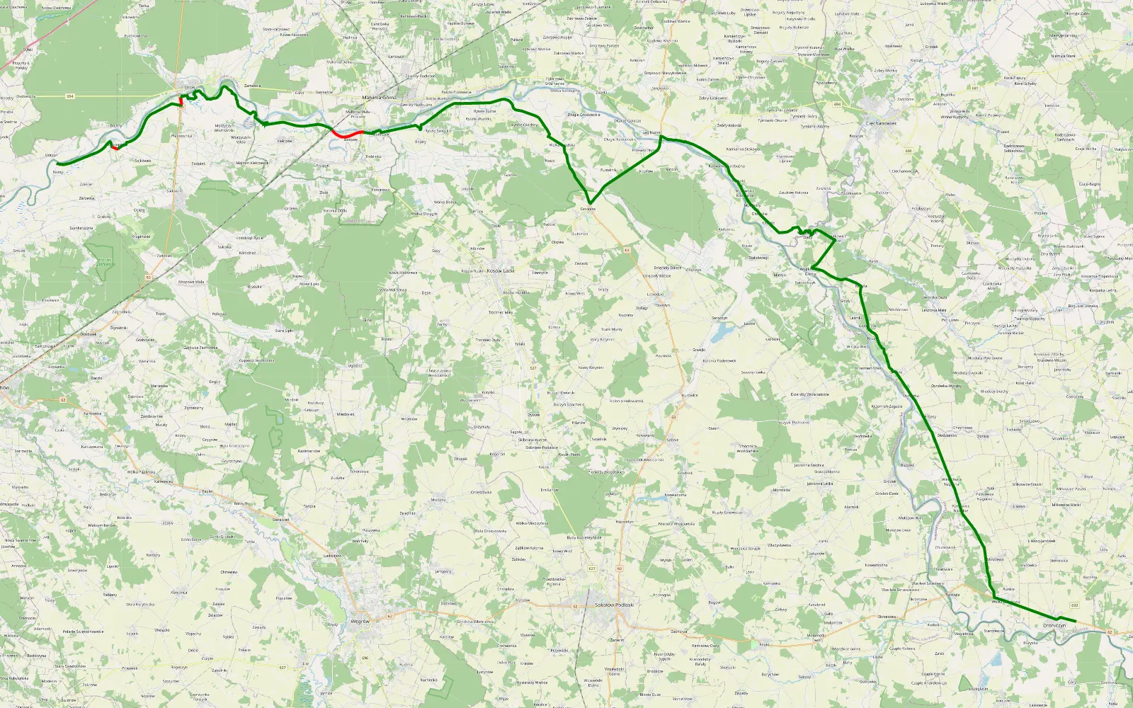 Mapa trasy Raźny - Drohiczyn - 40 km trasy offroad, Powiat Węgrowski