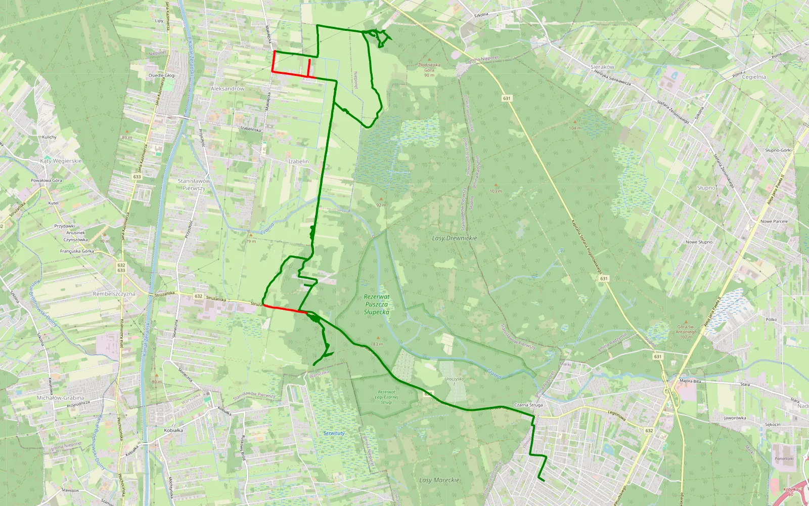 Mapa trasy Czarna Struga - Stanisławów Pierwszy - 18.6 km trasy offroad, Powiat Legionowski