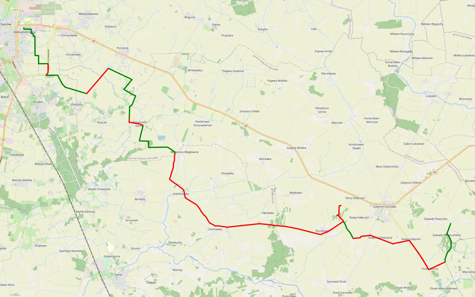 Mapa trasy Konarzewo Zawady - Ciechanów - 33.3 km trasy offroad, Powiat Ciechanowski