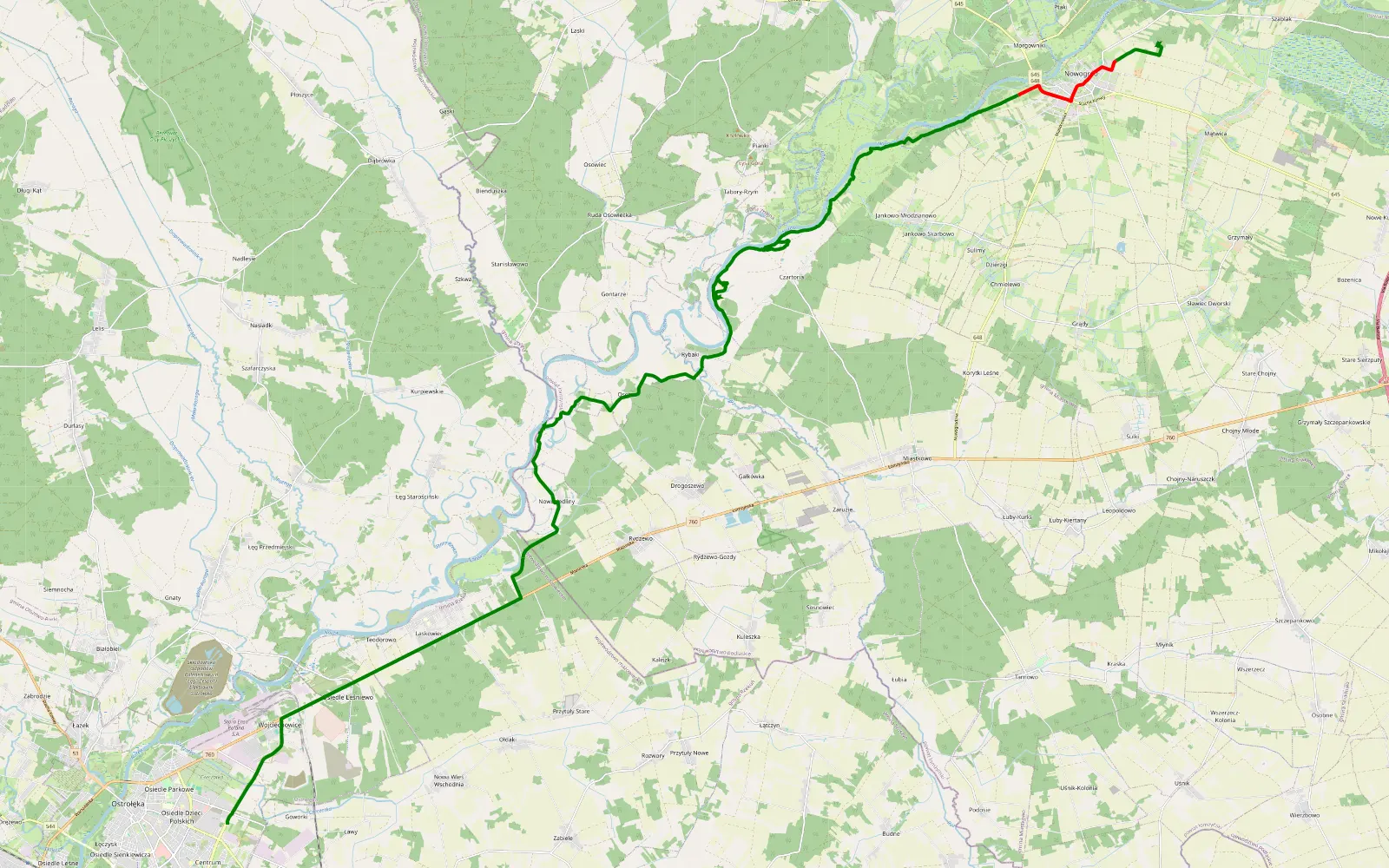 Mapa trasy Ostrołęka - Nowogród - 26.6 km trasy offroad, Powiat Łomżyński