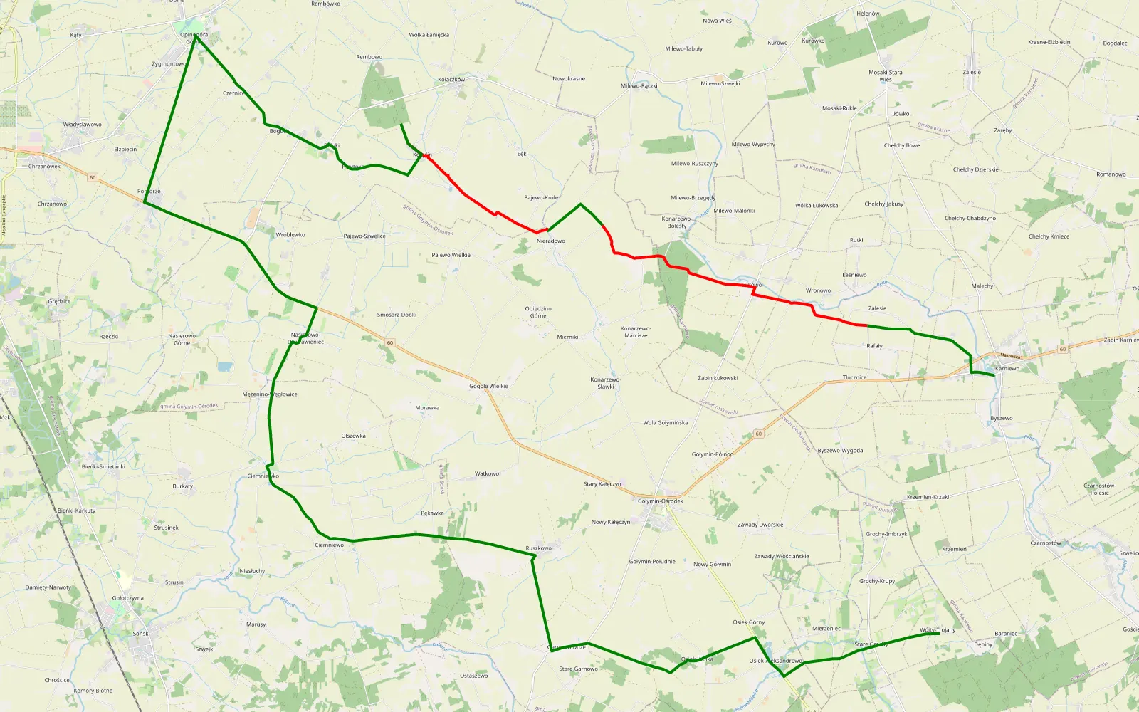 Mapa trasy Karniewo - Wójty Trojany - 15.5 km trasy offroad, Powiat Ciechanowski
