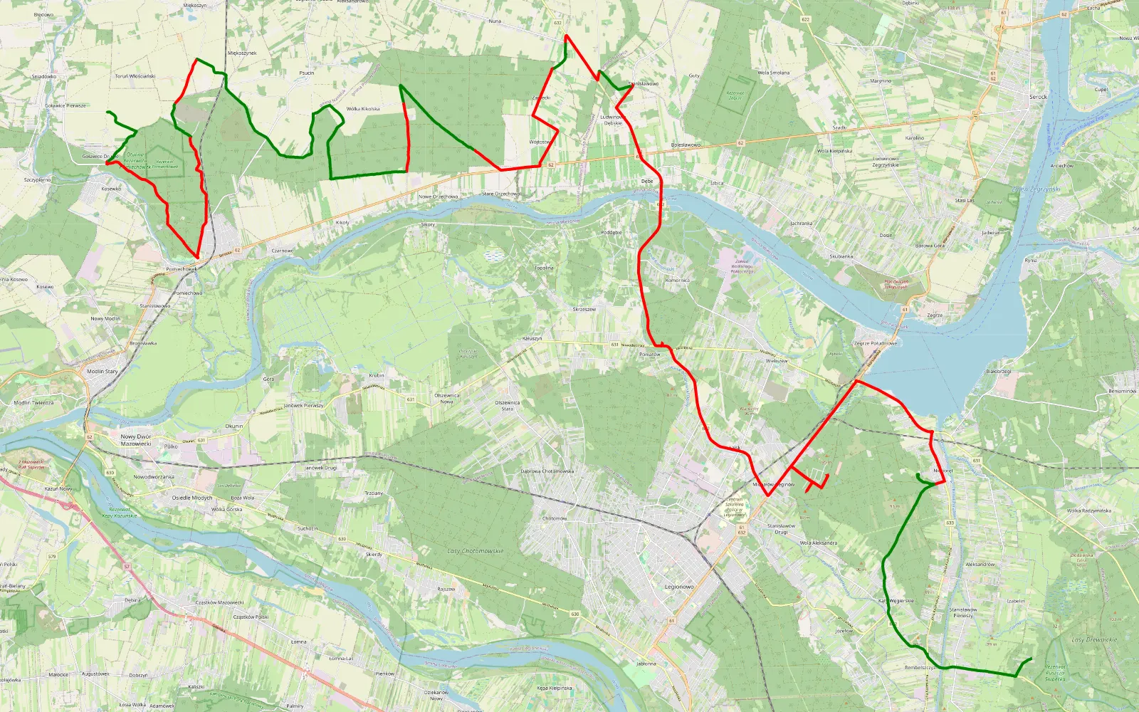 Mapa trasy Stanisławów Pierwszy - Goławice Drugie - 65.8 km trasy offroad, Powiat Nowodworski