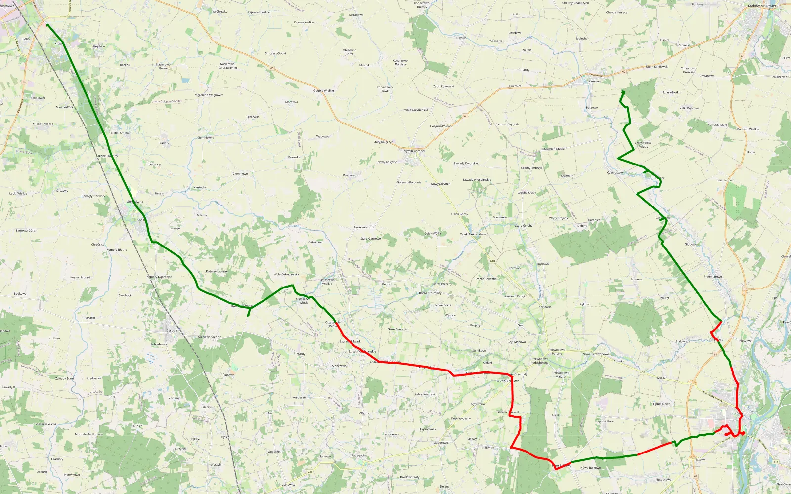 Mapa trasy Karniewo-Pułtusk-Ciechanow - 38 km trasy offroad, Powiat Pułtuski