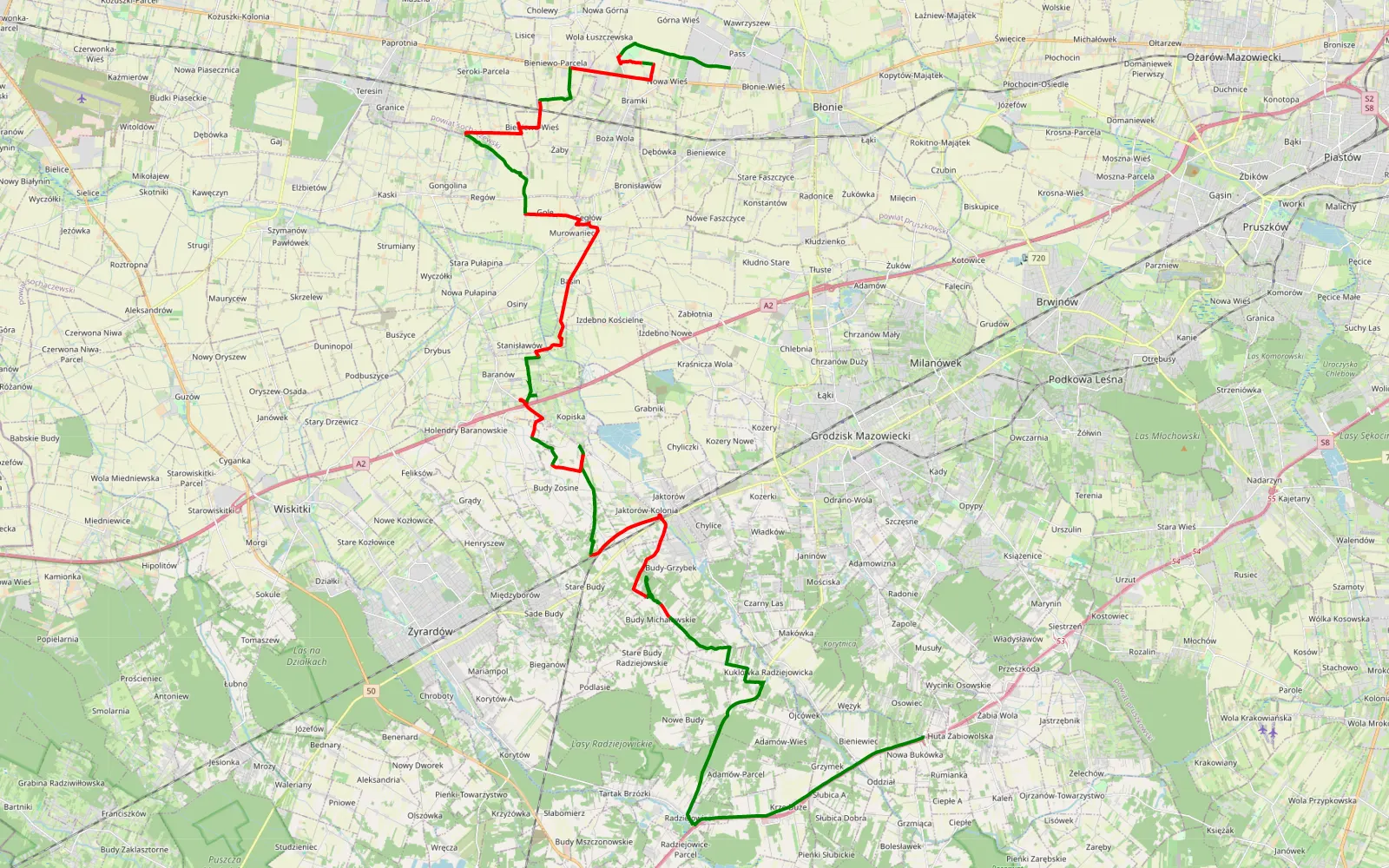 Map of Bukówka Stara - Piorunów bardzo fajna trasa - 45.9 km offroad trail, Grodzisk Mazowiecki County