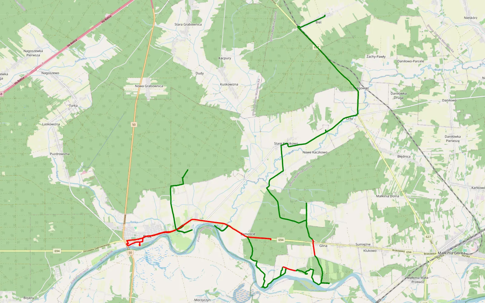 Mapa trasy Czuraj - Biel - 30.4 km trasy offroad, Powiat Ostrowski