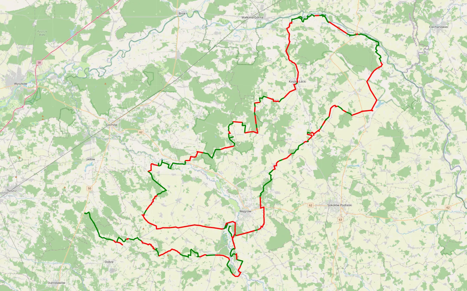 Map of Kąty Czernickie - Liw - 237.9 km offroad trail, Węgrów County