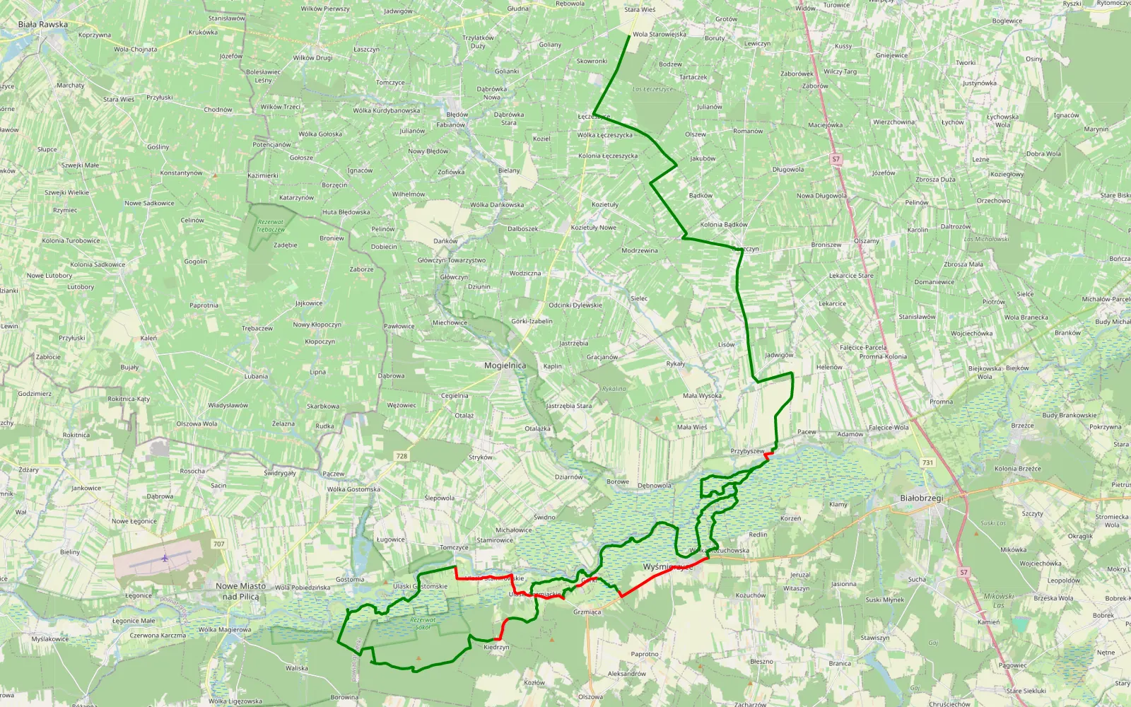 Mapa trasy Stara Wieś - Przybyszew - 60.8 km trasy offroad, Powiat Białobrzeski