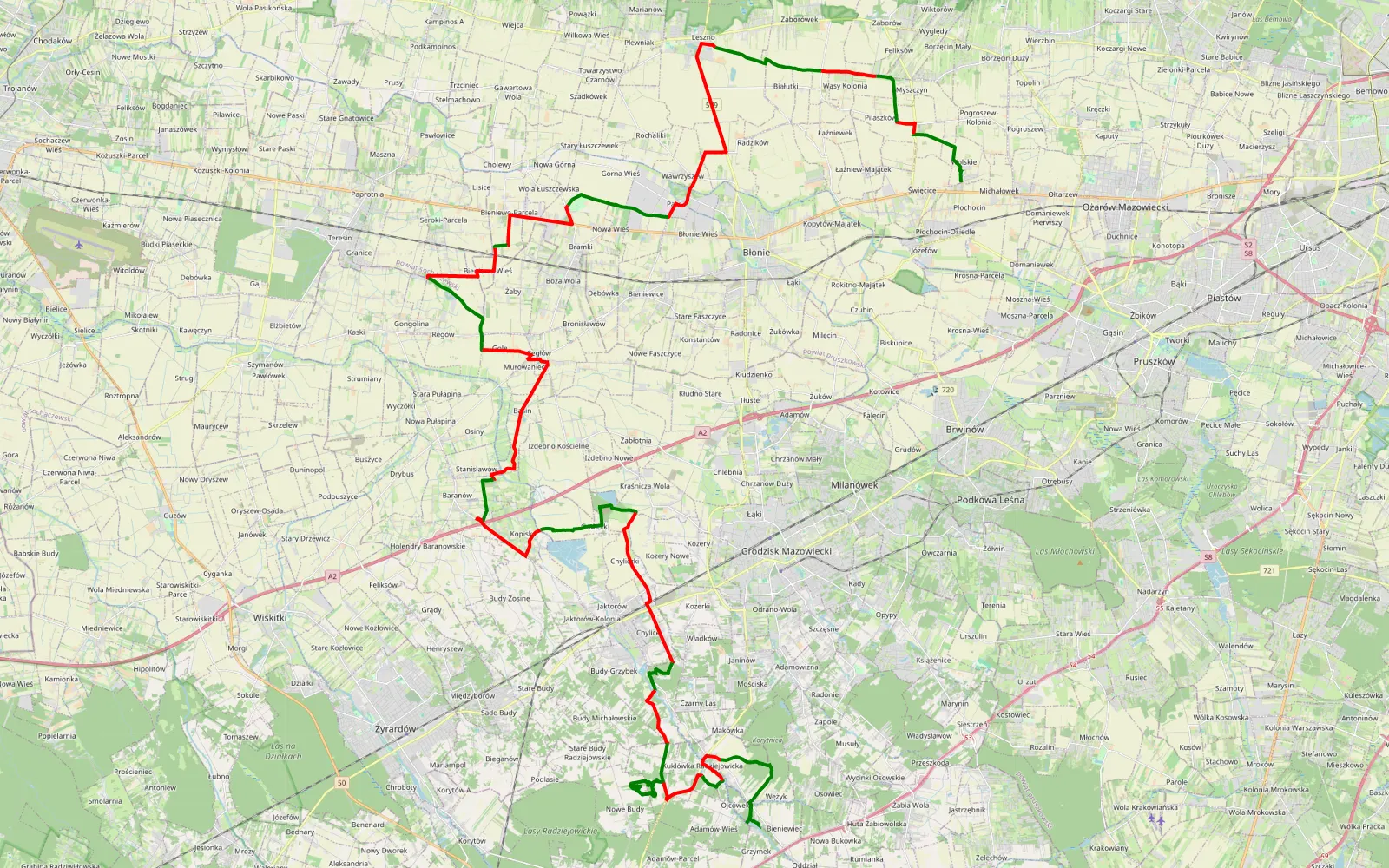 Map of Wolskie - Wężyk - 71.9 km offroad trail, Grodzisk Mazowiecki County