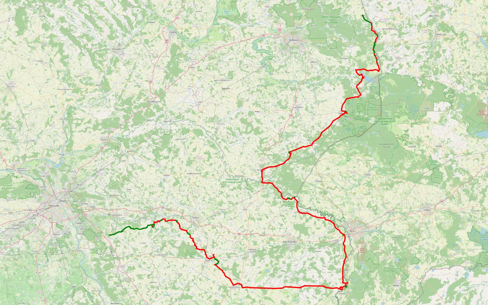 Mapa trasy Kołbiel - Krynki 2021 z Damianem - 466.6 km trasy offroad, Powiat Bialski