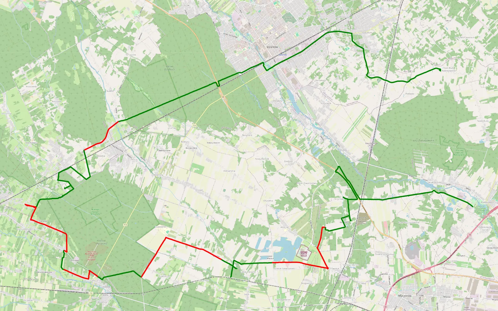 Mapa trasy Radziejowice - Radziejowskie Budy Stare - 33.1 km trasy offroad, Powiat Żyrardowski