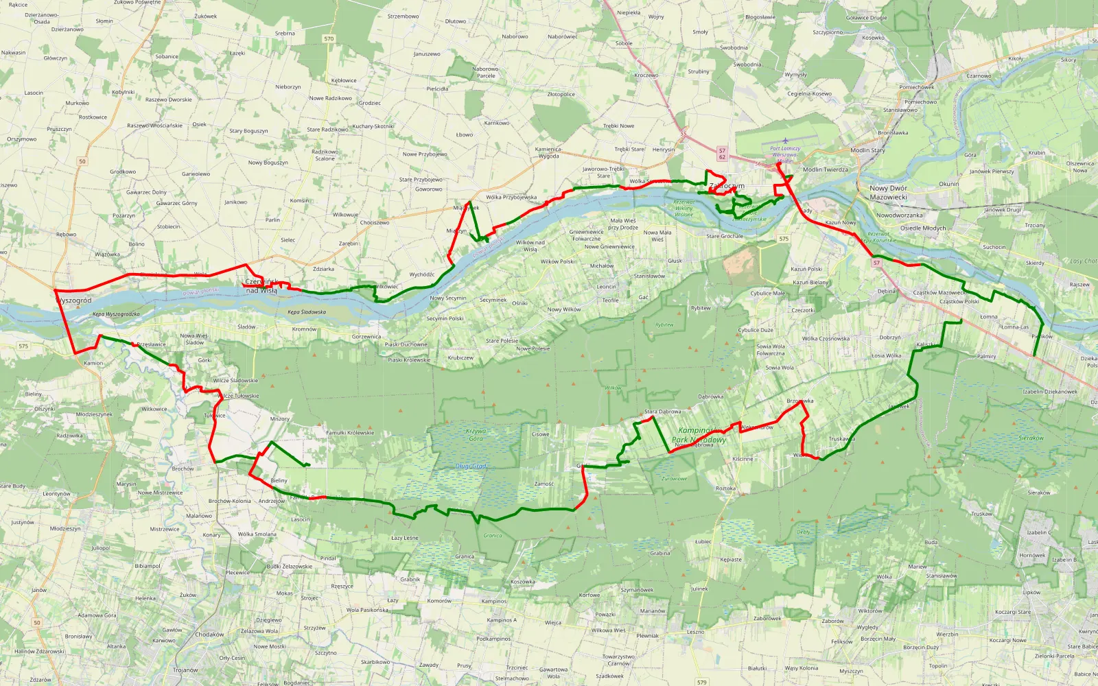 Mapa trasy Pieńków - Cząstków Polski - 138.5 km trasy offroad, Powiat Nowodworski