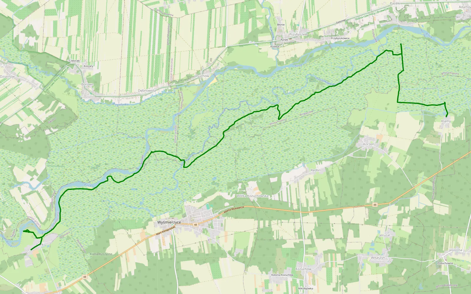 Mapa trasy Klamy - Górki - 14.3 km trasy offroad, Powiat Białobrzeski