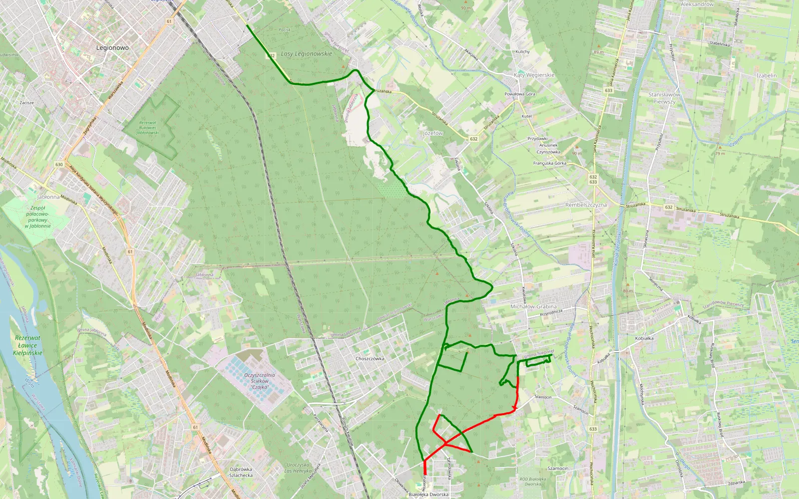 Mapa trasy Choszczówka - Stanisławów - 13.8 km trasy offroad, Warszawa