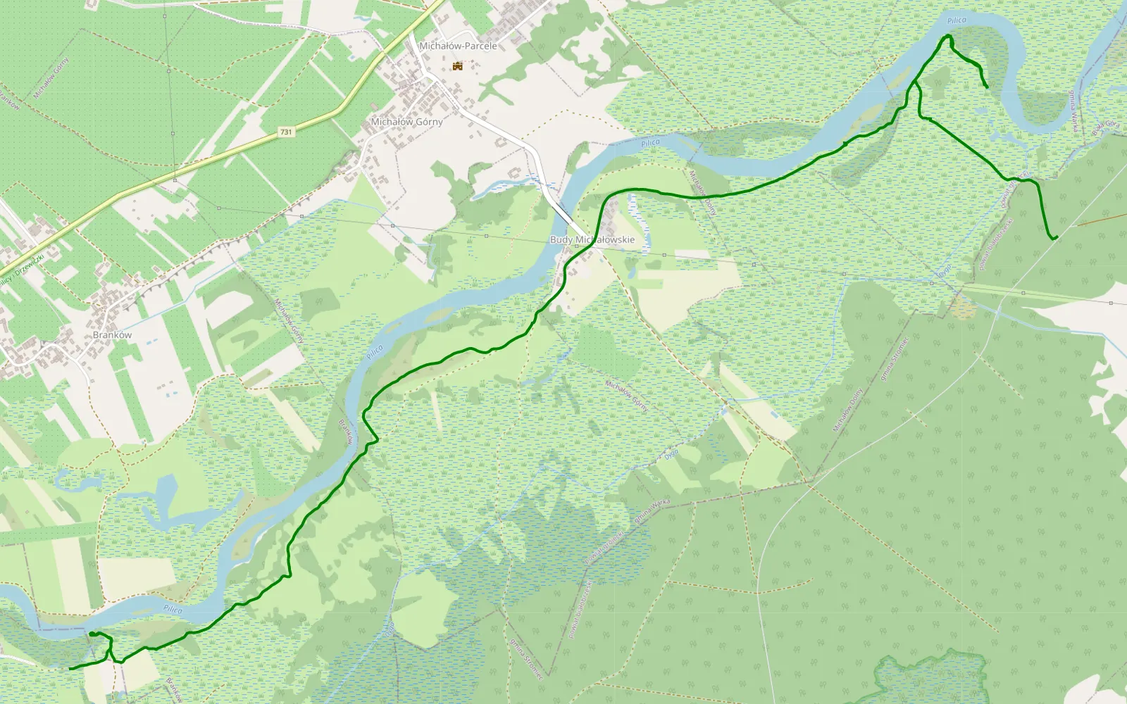 Mapa trasy Budy Brankowskie - Krzemień - 7.8 km trasy offroad, Powiat Grójecki