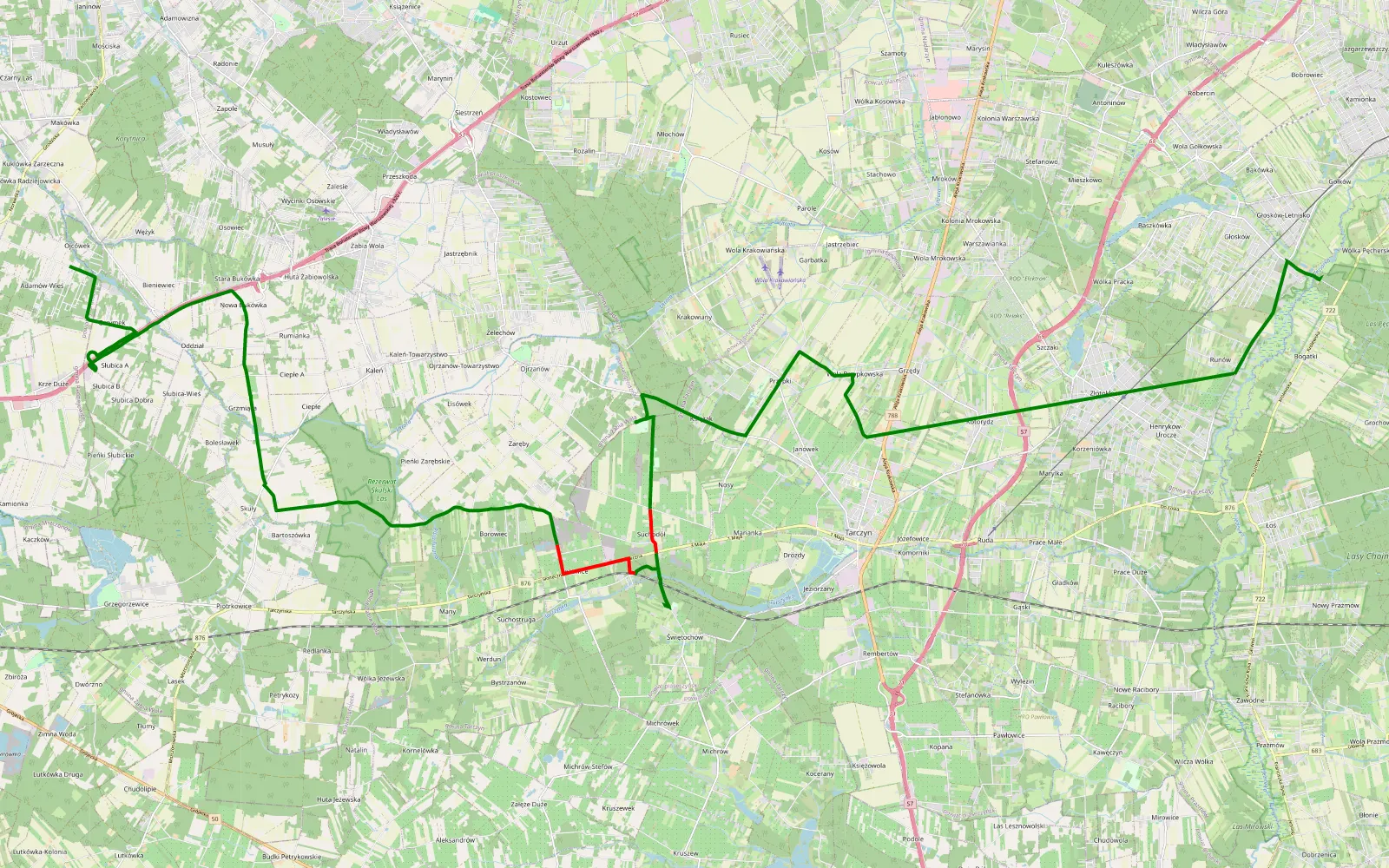 Map of Głosków - Adamów - 15.2 km offroad trail, Piaseczno County