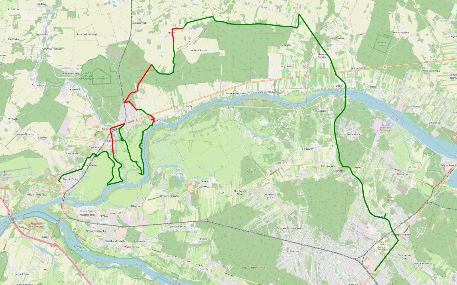 Mapa trasy Legionowo - Modlin - 32.5 km trasy offroad, Powiat Nowodworski